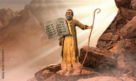 Moses holding 10 Commandments tablets coming down mount Sinai Stock ...