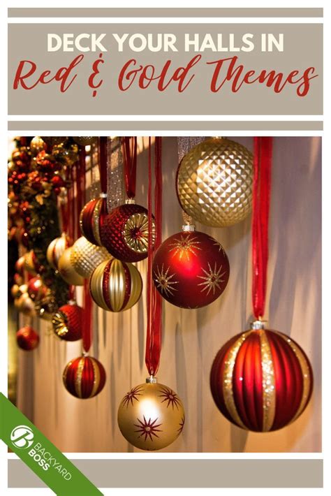 red and gold ornaments hanging from the side of a wall with text ...