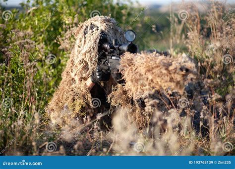 Sniper in Ghillie Suit with Precision Rifle with Optic Sight Stock ...