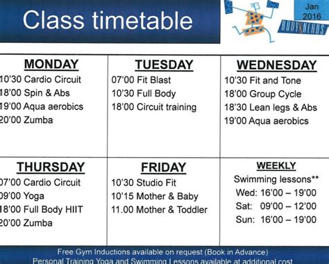 Leisure centre class timetable