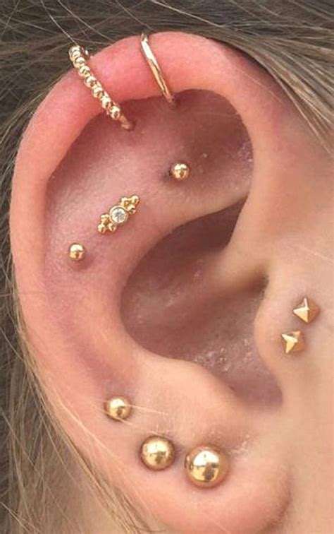 gold cartilage ear piercing ideas multiple combinations tragus stud ...