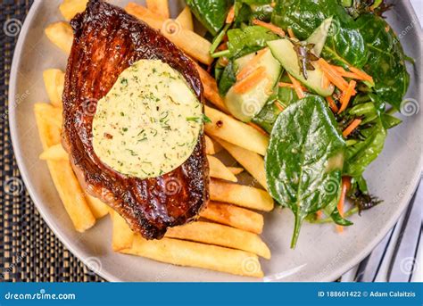 A Plate of Steak and Chips with Salad Stock Photo - Image of grill ...