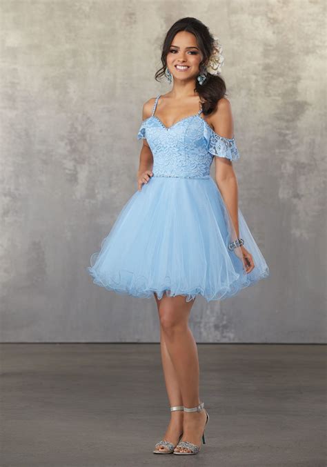 Lace and Tulle Party Dress with Beaded Trim and Cold Shoulder Sleeves ...