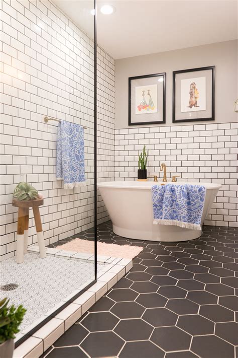 midcentury bathroom; black hexagon tile; subway tile bath | White ...