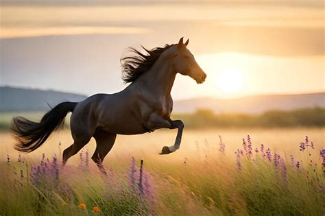 Premium Photo | Horse running in a field at sunset