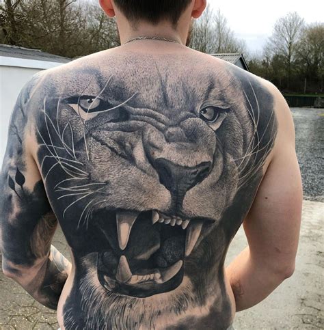 Realistic Lion, Men's Full Back Tattoo