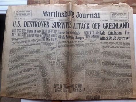 1941 Martinsburg Journal Newspaper - U.S. Destroyer Survives Attack ...