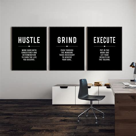 Grind Hustle Execute Quote Wall Art Canvas Prints Office Decor Black ...