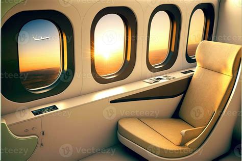 Luxurious first class airplane seat with lots of windows. visualization ...