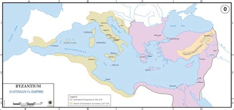 Map of the Empire of Justinian I from his accession in 527 AD to his ...