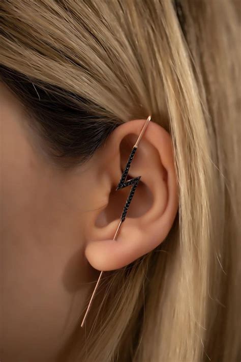 Black CZ Lightning Ear Pin Earring Minimal Rose Gold Earring - Etsy ...