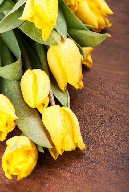 Premium Photo | Yellow tulips bright spring flowers on wooden background