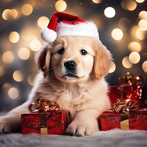 Premium AI Image | beautiful golden retriever puppy with a red santa ...