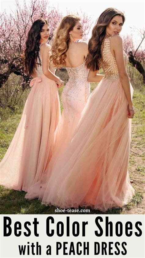 3 women wearing peach dresses and gowns walking in cherry blossom field ...