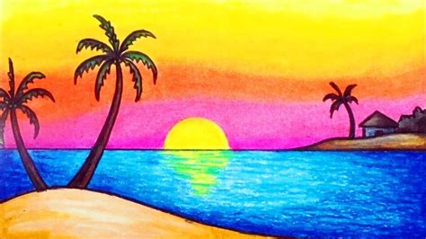 How to Draw a Sunset Scenery Step by Step | Easy Landscape Drawing