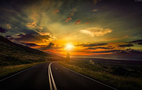 Wallpaper road, sunrise, tree images for desktop, section пейзажи ...