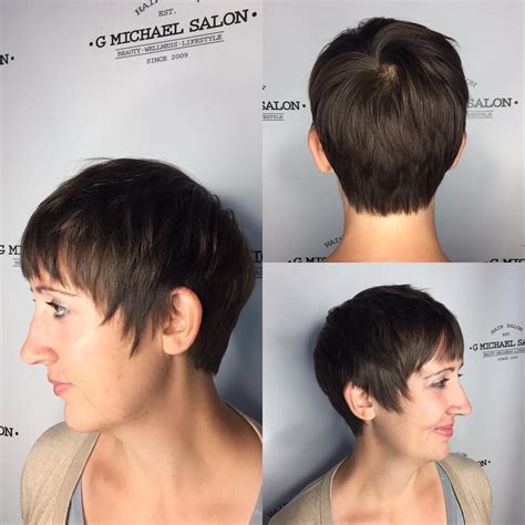 Brunette Textured Pixie with Fringe Bangs and Sideburns - The Latest ...