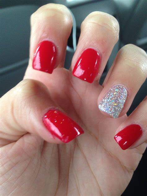 Acrylics! Red with glitter nail on ring finger | Homecoming nails, Red ...