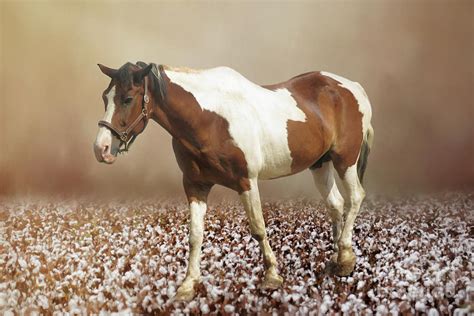 Pinto Horse in a Cotton Field Mixed Media by Elisabeth Lucas