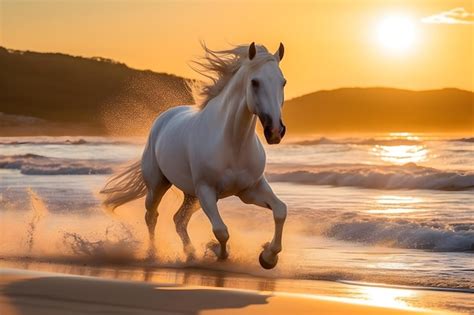 Premium Photo | White horse running on the beach at sunset