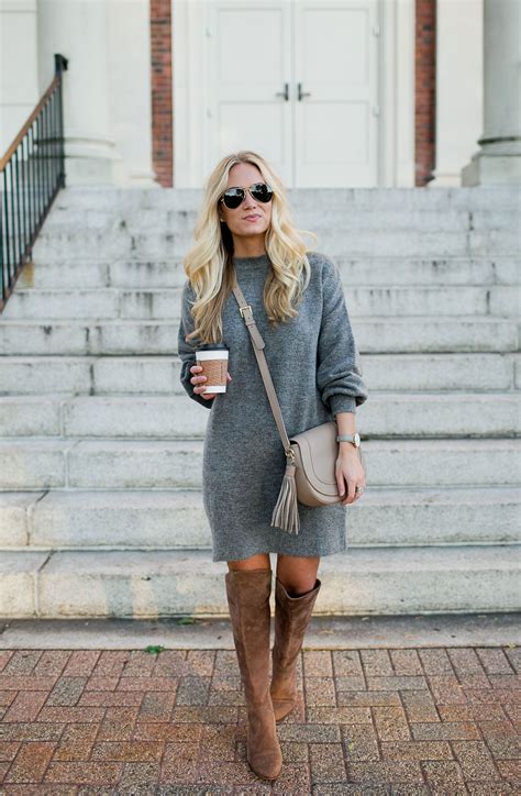 Gray Sweater Dress Outfit, Dress Outfit With Boots, Winter Dress ...