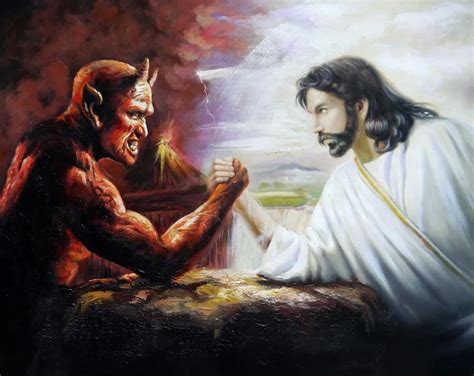 100%Handpainted Jesus and the Devil Arm Wrestling 50x60cm Portrait Oil ...