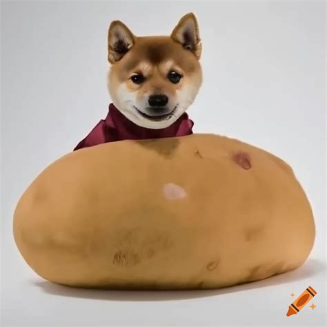 A cute shiba inu puppy dressed in a potato costume with a white background