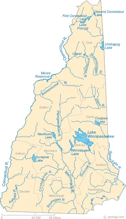 Map of New Hampshire Lakes, Streams and Rivers