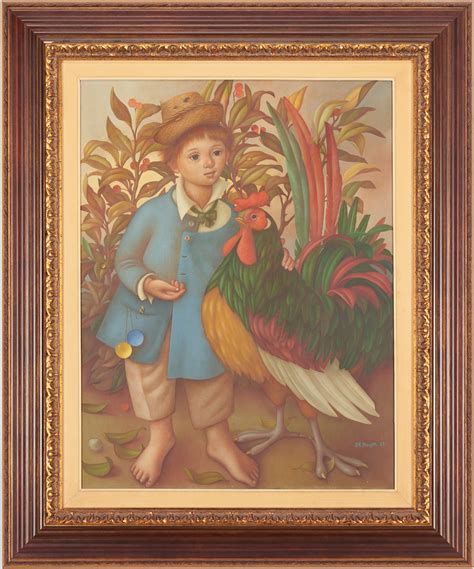 Lot 70: Philippe Henri Noyer O/C Painting, Boy w/ Rooster | Case Auctions