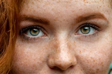 Close Up Macro Face of Young Red Ginger Freckled Woman with Beautiful ...