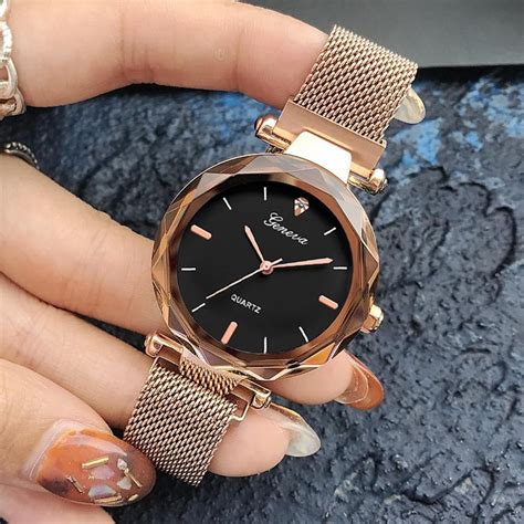 Luxury Rose Gold Women Watches Crystal Female Stainless Steel Mesh ...