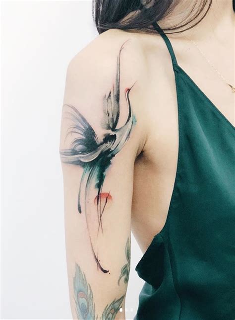 Crane Tattoo | This crane tattoo almost looks like it was painted with ...