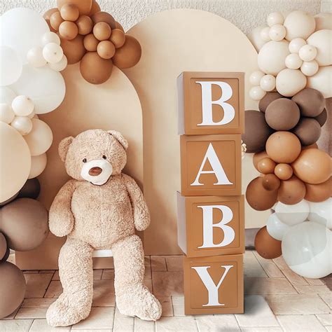 Buy Teddy Bear Baby Shower Boxes Decorations, 4pcs Brown Baby Shower ...