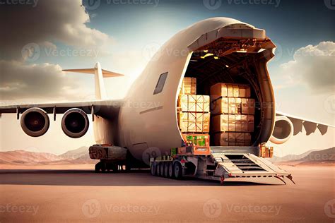 cargo plane unloads containers with boxes, air freight illustration ...