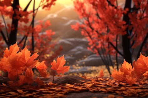 Premium AI Image | an autumn scene with red leaves on the ground