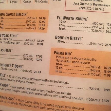 Texas Roadhouse Nutrition Menu