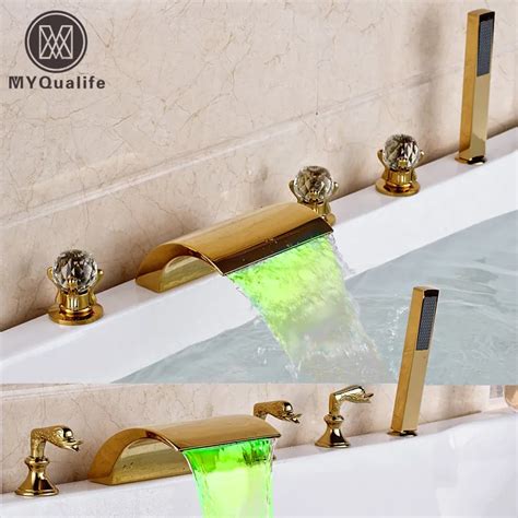 Golden Brass Bathtub Waterfall Spout Tub Filler Deck Mounted 5pcs with ...