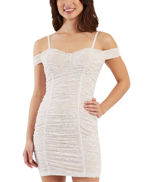 Bcx Juniors' Off-the-shoulder Flocked Velvet Ruched Dress In White ...