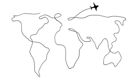 Digital print world map line art one line drawing with airplane, black ...