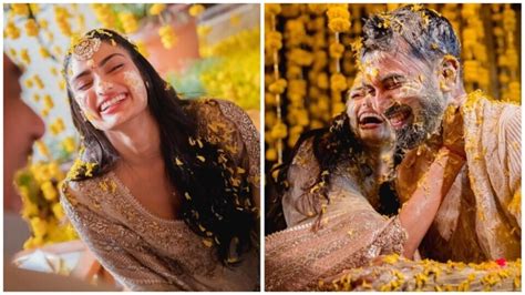 Athiya Shetty holds KL Rahul close in first pics from haldi ceremony ...