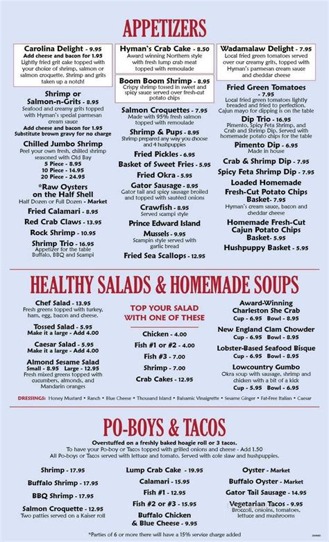 Menu of Hyman's Seafood in Charleston, SC 29401