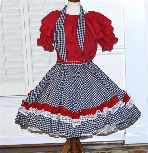 3 Pc Square Dance Outfit Blue Check Skirt Red Ruffle Blouse Matching ...