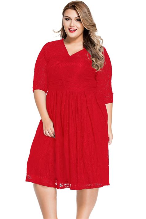 Sexy Red Lace V Neck Curvy Skater Dress | Half sleeve dresses, Red ...