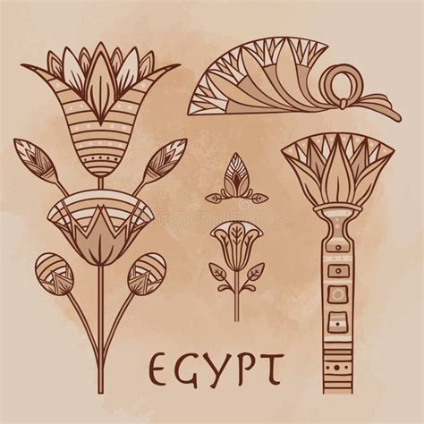 Egyptian Floral Design Element Set Over Beige Grunge Background. Lotus ...