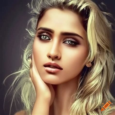 Portrait of a beautiful indian woman with blonde hair and green eyes