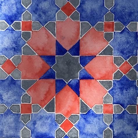 Islamic Geometric Tile Design in Red, Grey and Blue