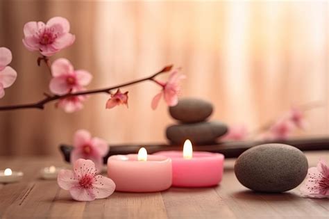 Premium Photo | Pink candles with pink flowers and zen stones on wooden ...