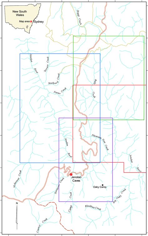 The Jenolan Caves region, showing the main access road and natural ...