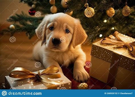 Cute Golden Retriever Puppy Under the Christmas Tree, Ai Generative ...