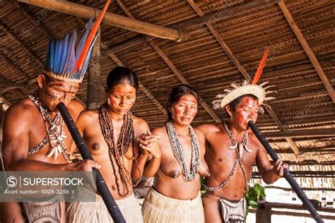 Iquitos, Peru, Amazon Jungle, A Yagua Tribe does a cermonial dance in ...